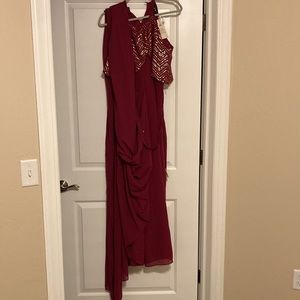 Wine Colored Saree with Attached Sequin Top and Skirt